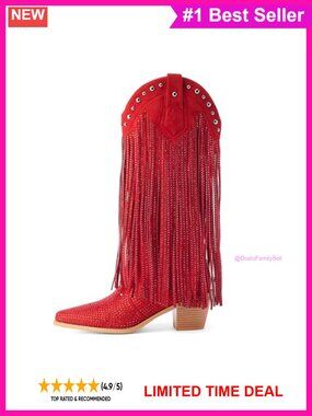 Rhinestone Fringe Western Cowboy Boots Pointed Toe Chunky Heel Pull On
